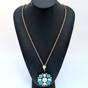Gold Floral Pendant Necklace, Faux Pearl & Turquoise Boho Jewelry, New